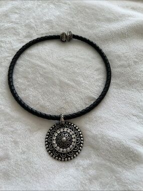 Chico's Silvertone Rhinestone Round Pendant  Black Leather Braided
Necklace 17”